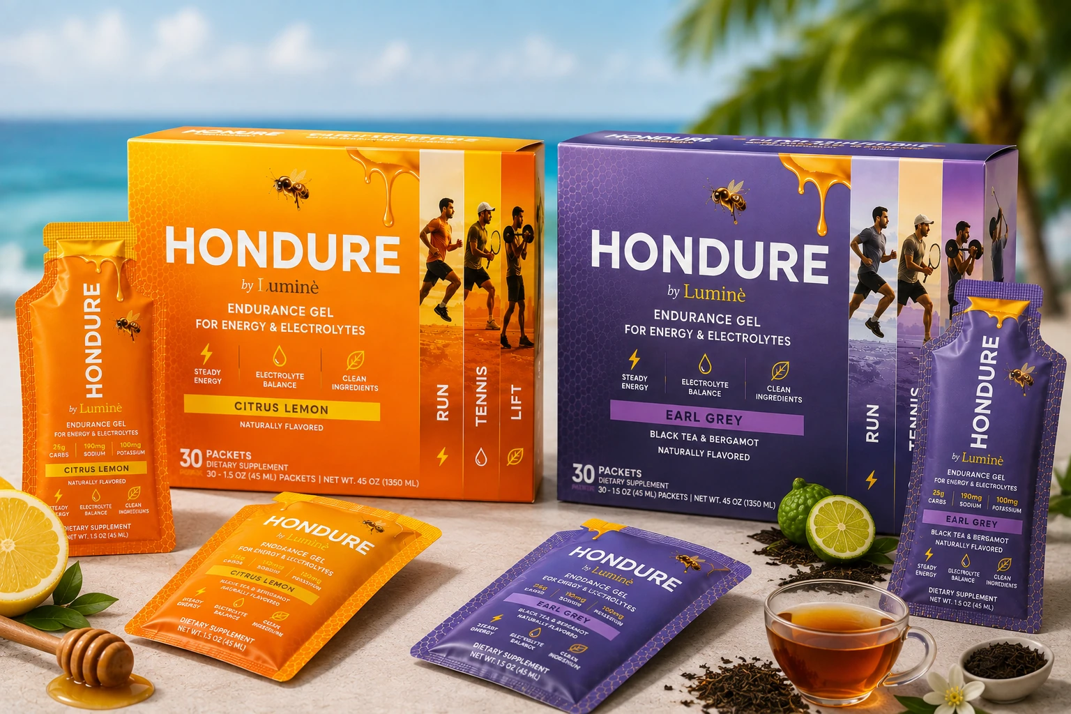 HONDURE Citrus Lemon and Earl Grey endurance gel collection side by side